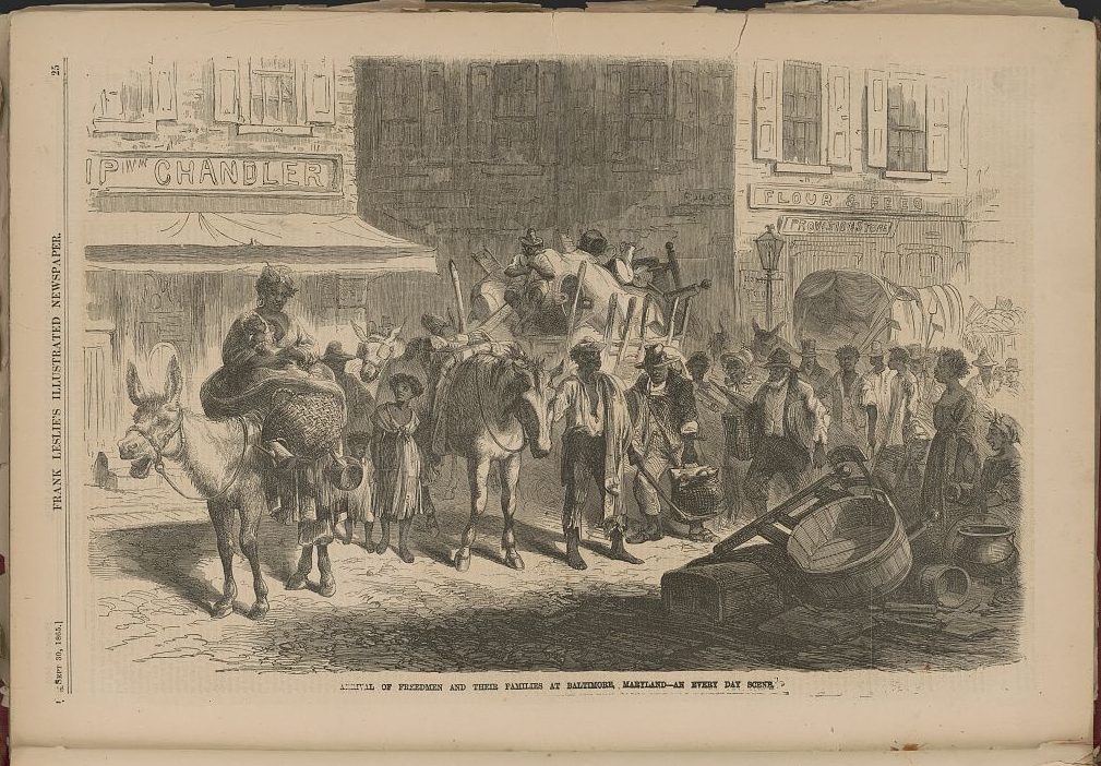 Engraving of freedpeople and their families arriving at Baltimore with their belongings.