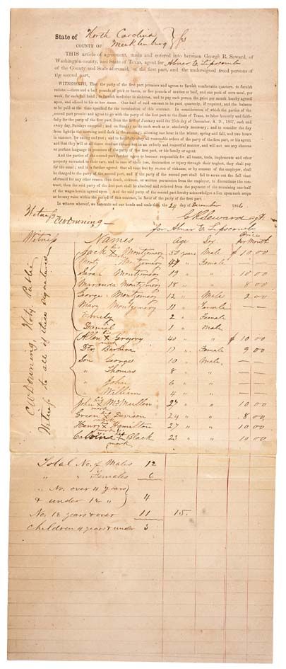 An 1866 Freedmen&rsquo;s Bureau agreement of labor naming freed persons and their monthly wages.