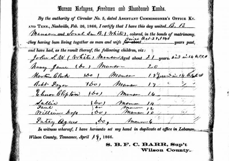 An 1866 Freedmen&rsquo;s Bureau certificate of matrimony recording a marriage and listing the couple&rsquo;s children.