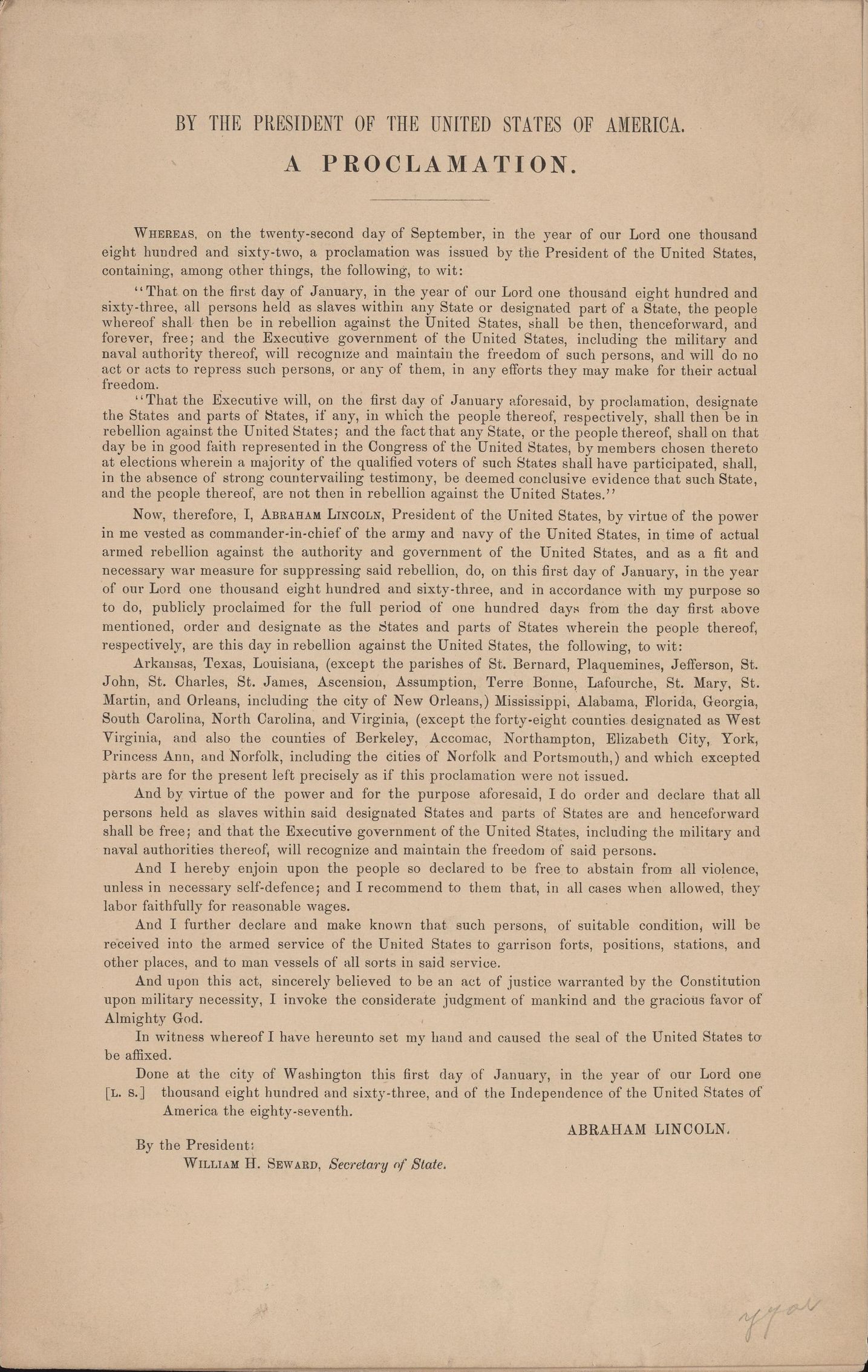 A printed broadside of the Emancipation Proclamation on aged paper.