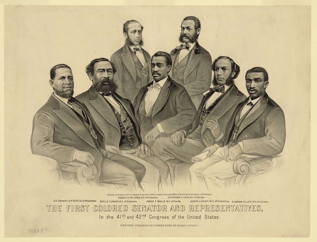 Nineteenth century lithograph portrait of the first Black United States senator and representatives.