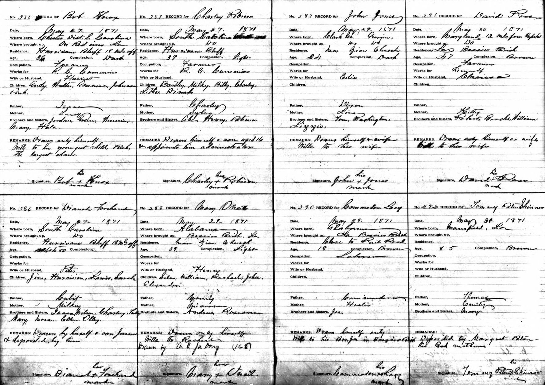 An open Freedman&rsquo;s Savings Bank depositor register from the Shreveport branch, 1871, listing depositors by name with birthplace, age, occupation and family.