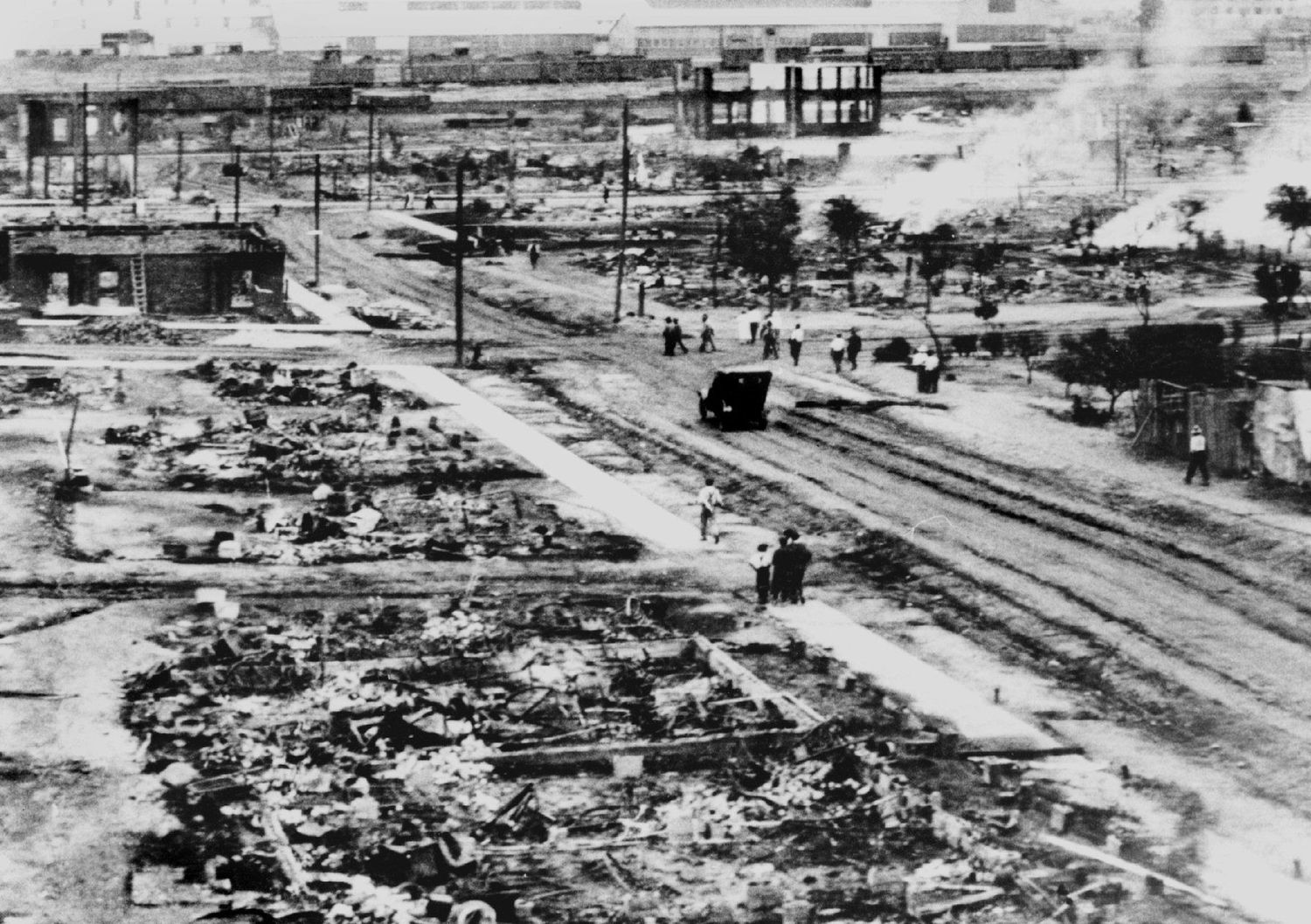 Wide view across blocks of the destroyed Greenwood district in Tulsa after the 1921 massacre.